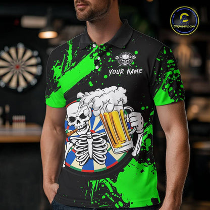Custom Green Skeleton Dart Jersey for Team Polo & 1/4 Zip Beer Dartboard Shirts Dart Jerseys Gift for Men DHT3