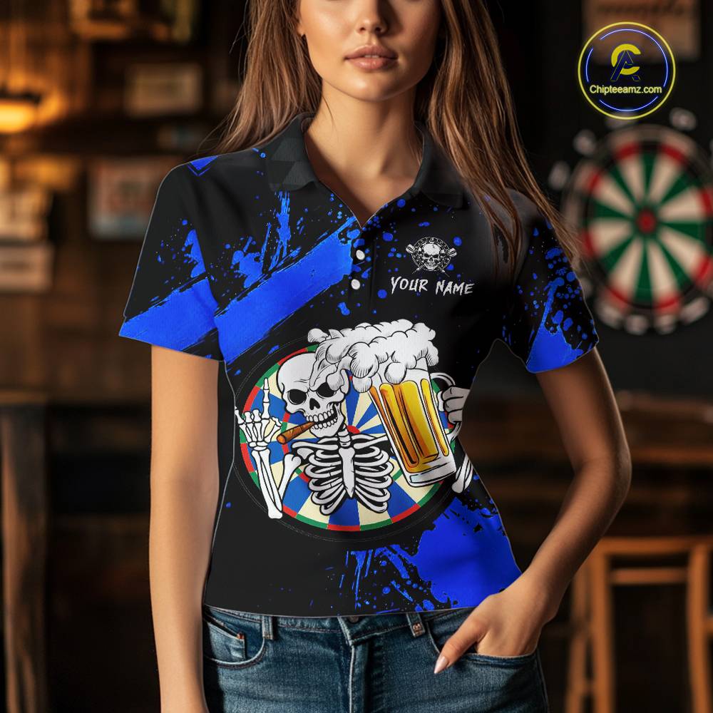 Custom Blue Skeleton Dart Jersey for Team Polo & 1/4 Zip Beer Dartboard Shirts Dart Jerseys Gift for Women DHT3