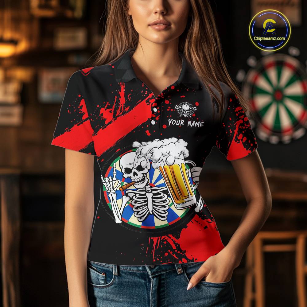 Custom Red Skeleton Dart Jersey for Team Polo & 1/4 Zip Beer Dartboard Shirts Dart Jerseys Gift for Women DHT3