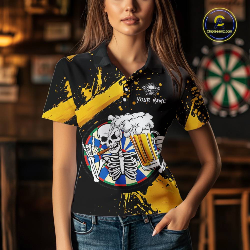 Custom Yellow Skeleton Dart Jersey for Team Polo & 1/4 Zip Beer Dartboard Shirts Dart Jerseys Gift for Women DHT3