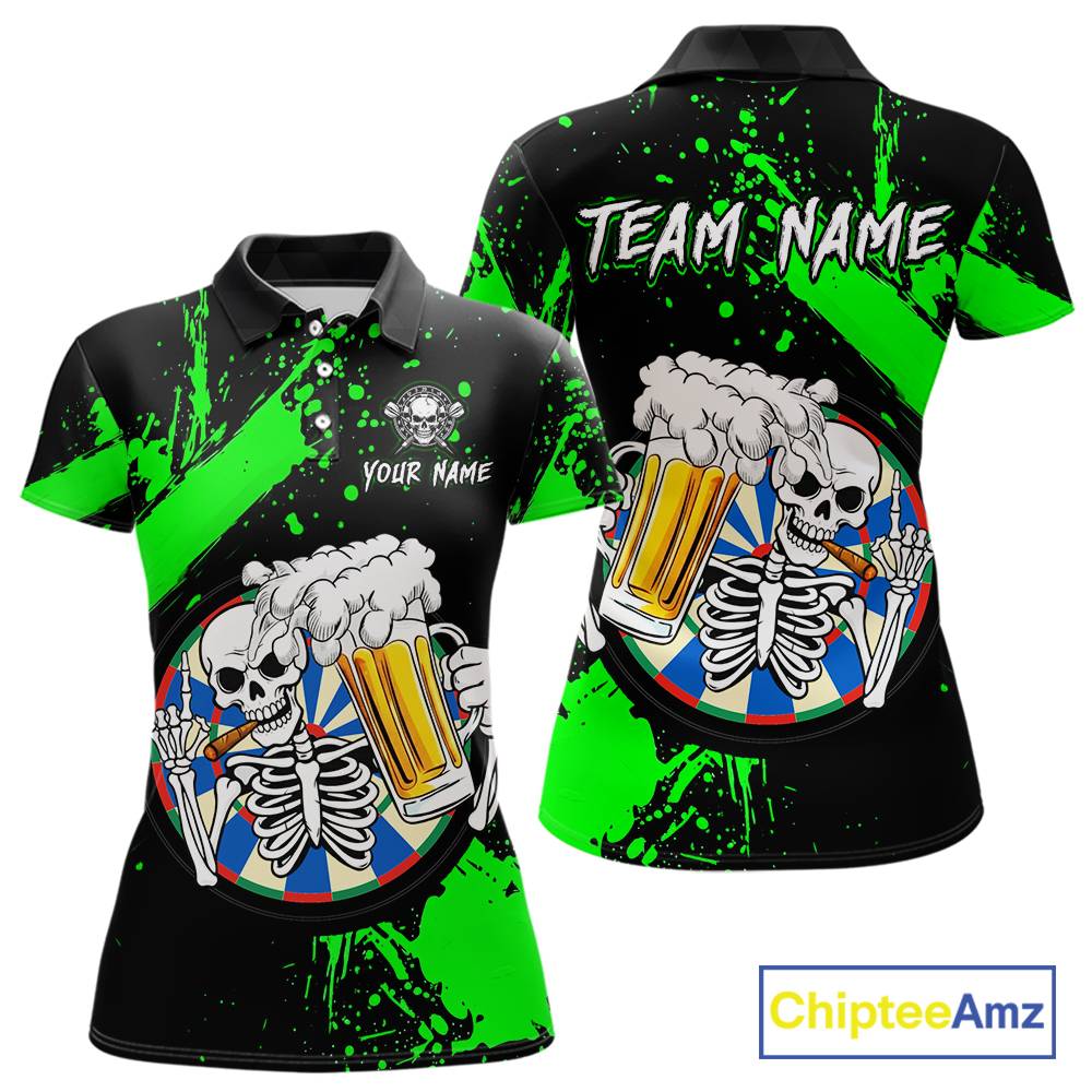 Custom Green Skeleton Dart Jersey for Team Polo & 1/4 Zip Beer Dartboard Shirts Dart Jerseys Gift for Women DHT3