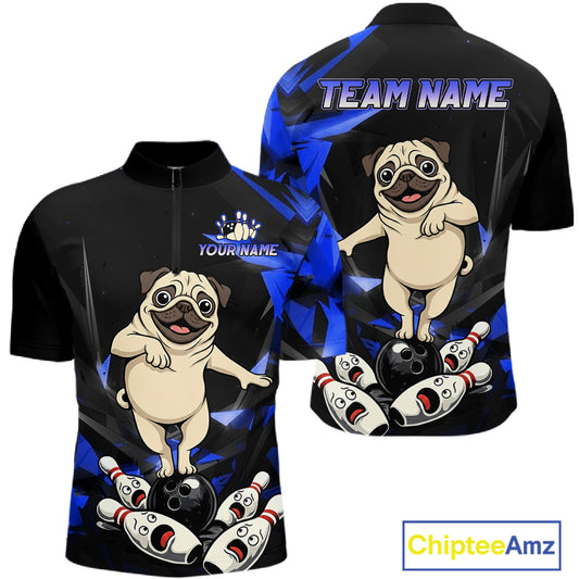 Custom Blue Funny Pug Dog Bowling League Shirt for Men Polo & 1/4-Zip Bowling Jersey for Team QZT906
