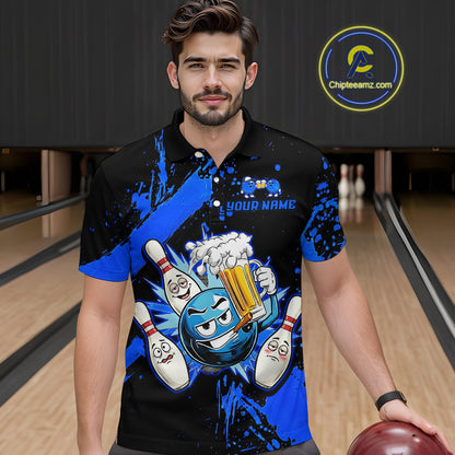 Custom Blue Funny Beer Bowling Shirt for Men Bowling League Jersey Polo 1/4 Zip Bowling Outfit QZT822
