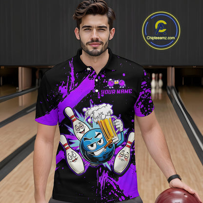Custom Purple Funny Beer Bowling Shirt for Men Bowling League Jersey Polo 1/4 Zip Bowling Outfit QZT822