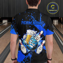 Load image into Gallery viewer, Custom Blue Funny Beer Bowling Shirt for Men Bowling League Jersey Polo 1/4 Zip Bowling Outfit QZT822