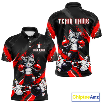 Funny Red Cat Boxing Bowling Team Jersey Personalized Polo & 1/4 Zip Shirt for Men Bowling League QZT825