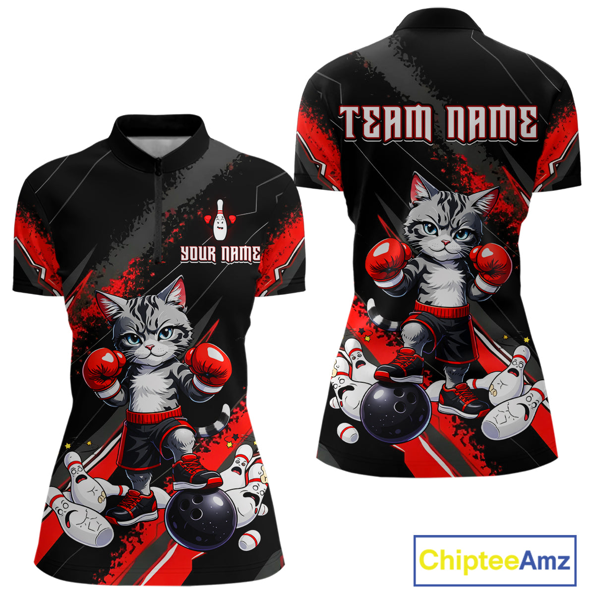 Funny Red Cat Bowling Team Jersey Personalized Polo & 1/4 Zip Shirt for Women Bowling League QZT825