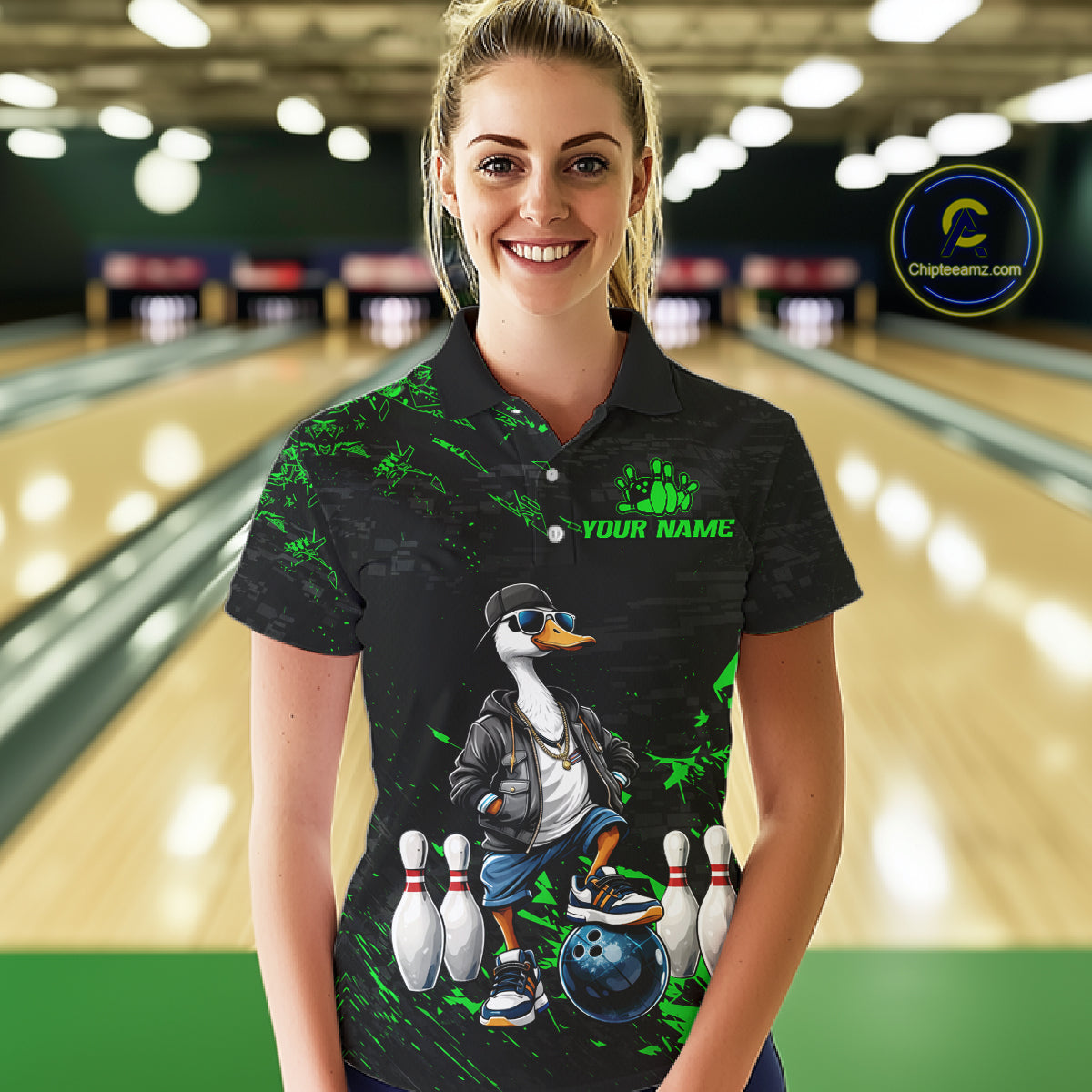 Personalized Green Funny Goose Bowling Team Shirt for Women Bowling League Jersey Polo & 1/4-Zip QZT877
