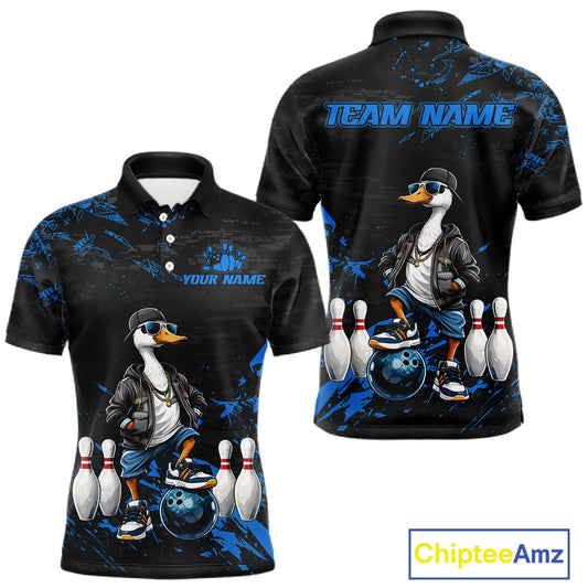Personalized Blue Funny Goose Bowling Team Shirt for Men Bowling League Jersey Polo & 1/4-Zip QZT877