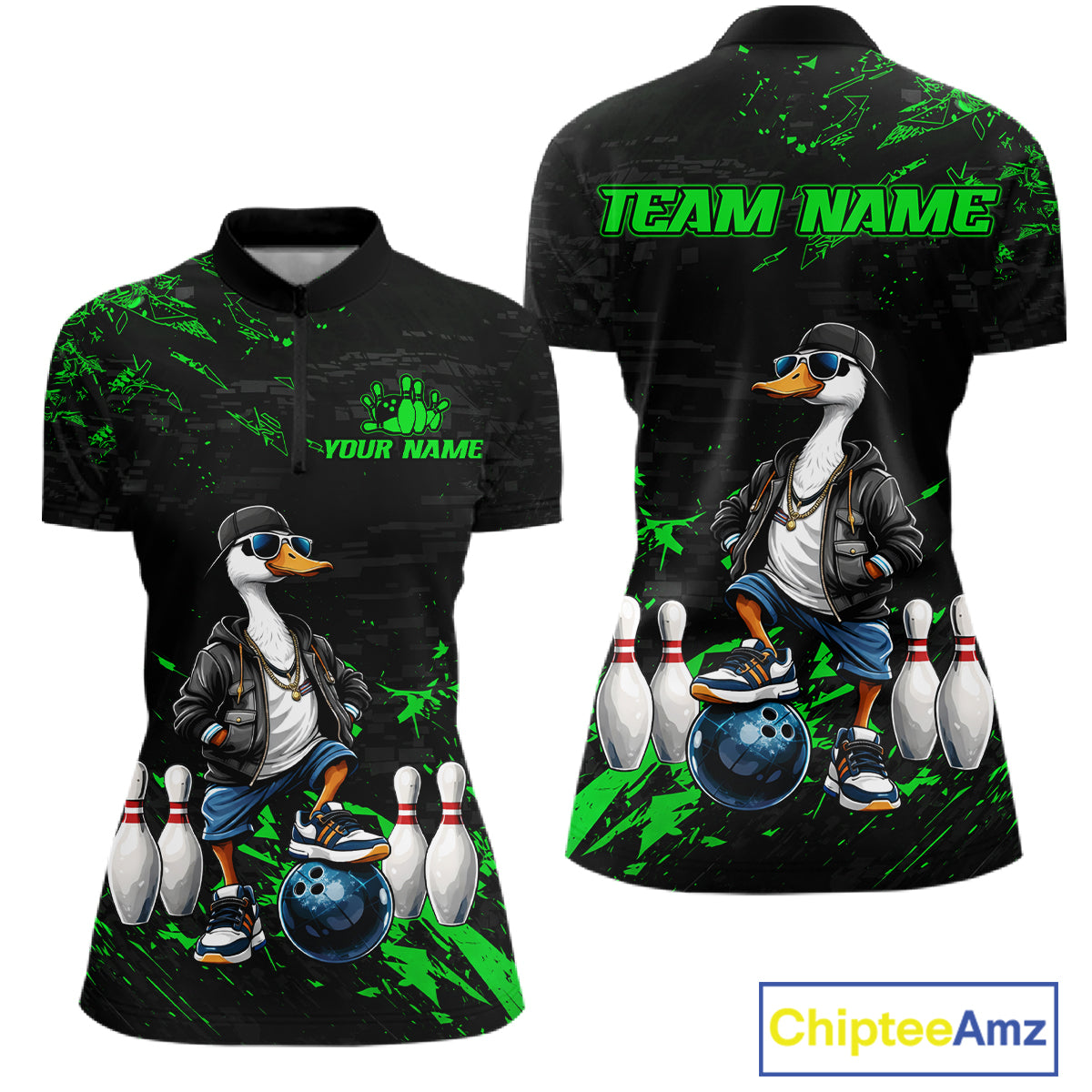 Personalized Green Funny Goose Bowling Team Shirt for Women Bowling League Jersey Polo & 1/4-Zip QZT877