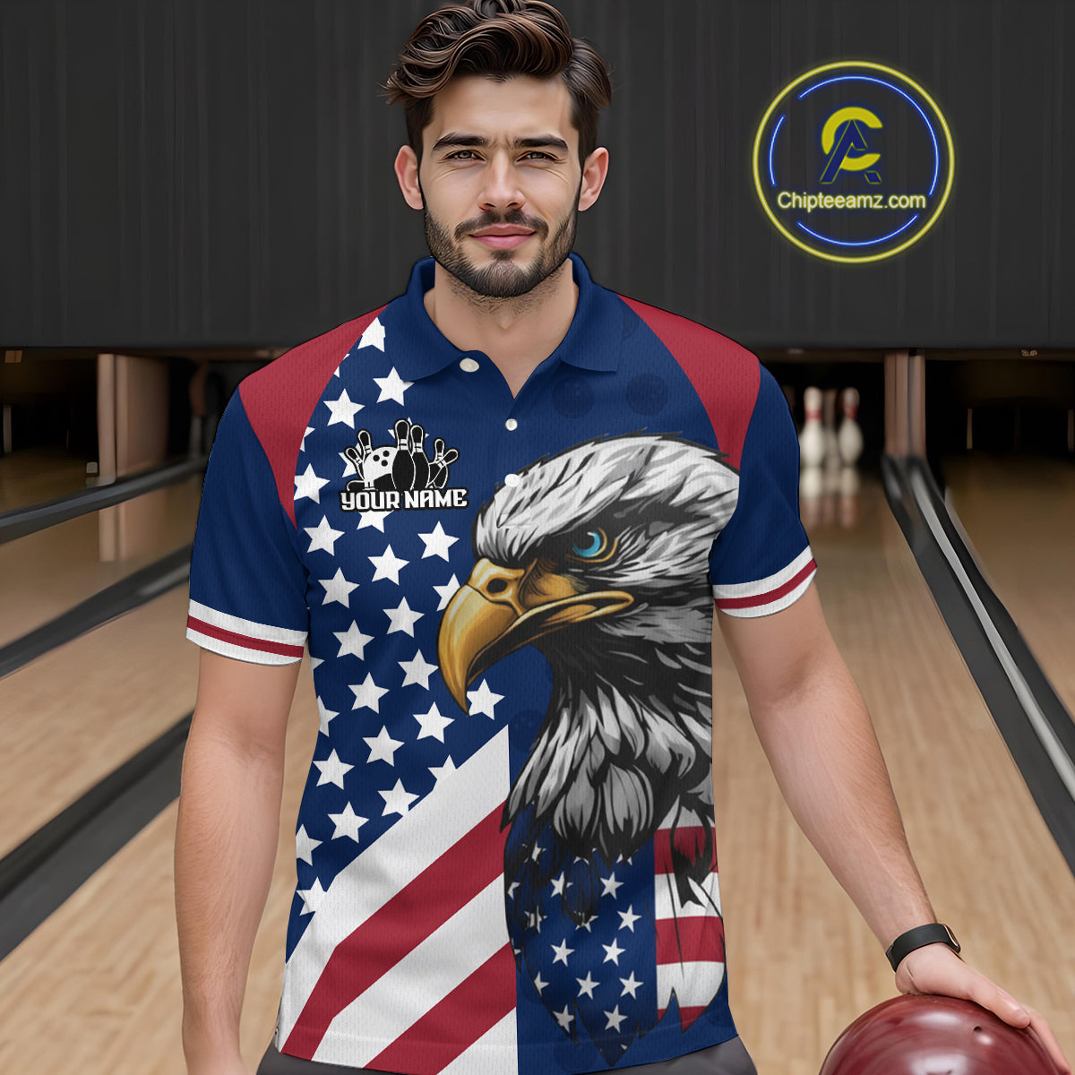 Custom US Flag Eagle Bowling Team Shirt for Men Bowling League Jersey Polo & Quarter-Zip QZT816