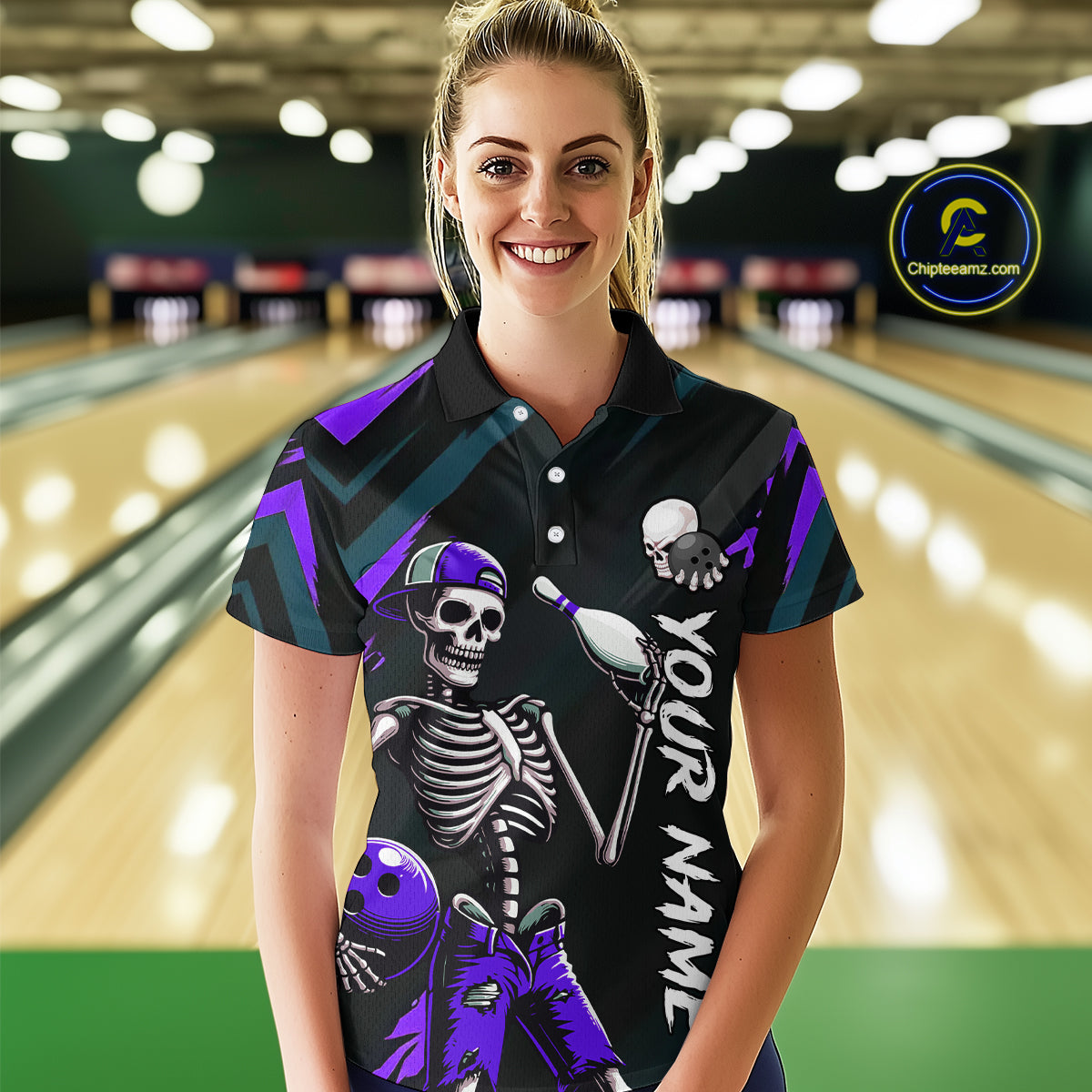 Custom Purple Skull Bowling Team Shirt for Women Polo & 1/4 Zip Bowling League Jersey Bowling Gift QZT794
