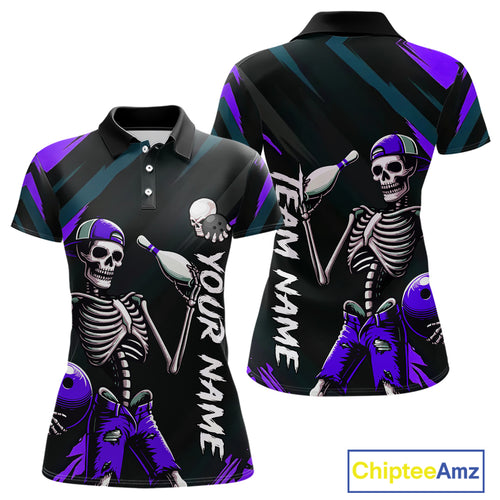 Custom Purple Skull Bowling Team Shirt for Women Polo & 1/4 Zip Bowling League Jersey Bowling Gift QZT794