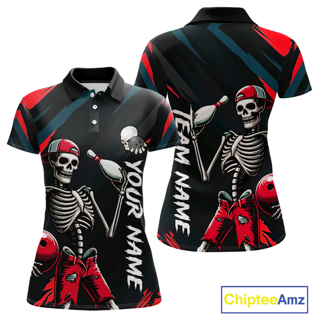 Custom Red Skull Bowling Team Shirt for Women Polo & 1/4 Zip Bowling League Jersey Bowling Gift QZT794
