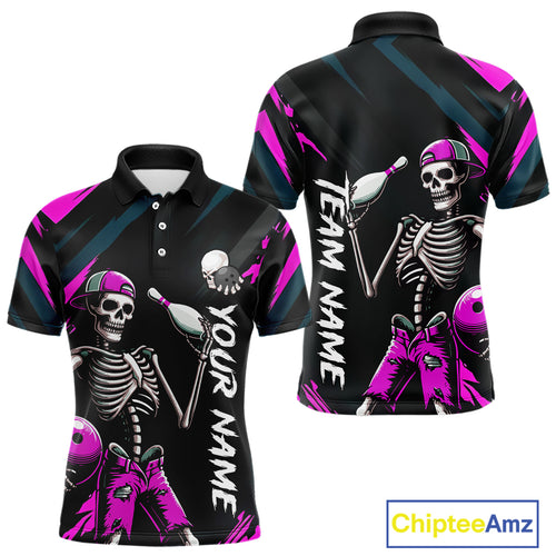 Custom Pink Skull Bowling Team Shirt for Men Polo & 1/4 Zip Bowling League Jersey Bowling Unisex QZT794