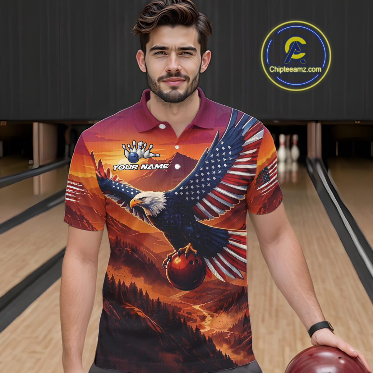 Custom American Eagle Bowling Shirt for Men Sunset Bowling Jersey Patriotic Bowling Outfit QZT975