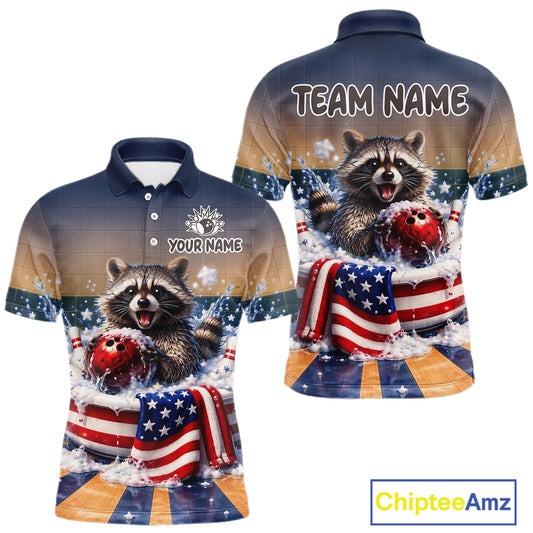Funny Raccoon Bowling Shirt for Men Custom Patriotic Bowling Jersey US Flag Bowling Outfit QZT976