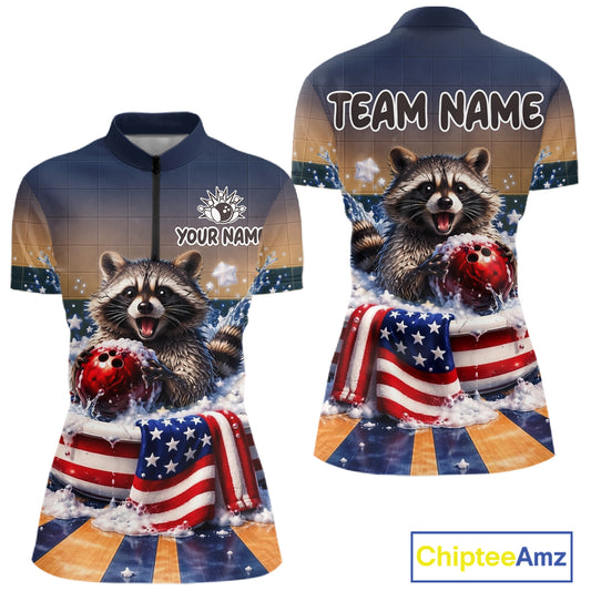 Funny US Flag Raccoon Bowling Shirt for Women Custom Patriotic Bowling Jersey QZT976