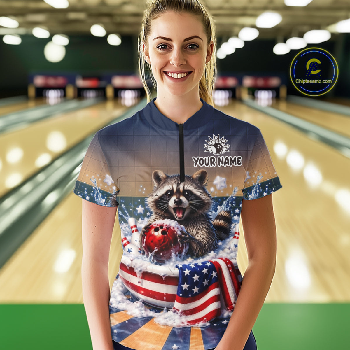 Funny US Flag Raccoon Bowling Shirt for Women Custom Patriotic Bowling Jersey QZT976