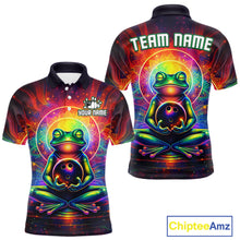 Load image into Gallery viewer, Front and back view custom zen frog bowling polo shirt featuring a vibrant neon frog with bowling ball, glowing cosmic background and colorful psychedelic pattern