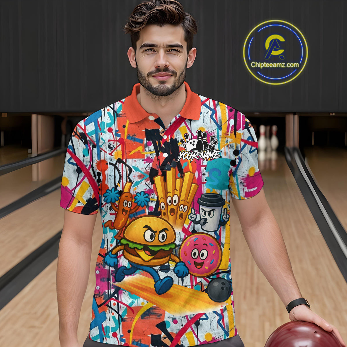 Custom Graffiti Funny Fast Food Bowling Shirt Bowling Team Jersey for Men Bowling Outfit QZT798