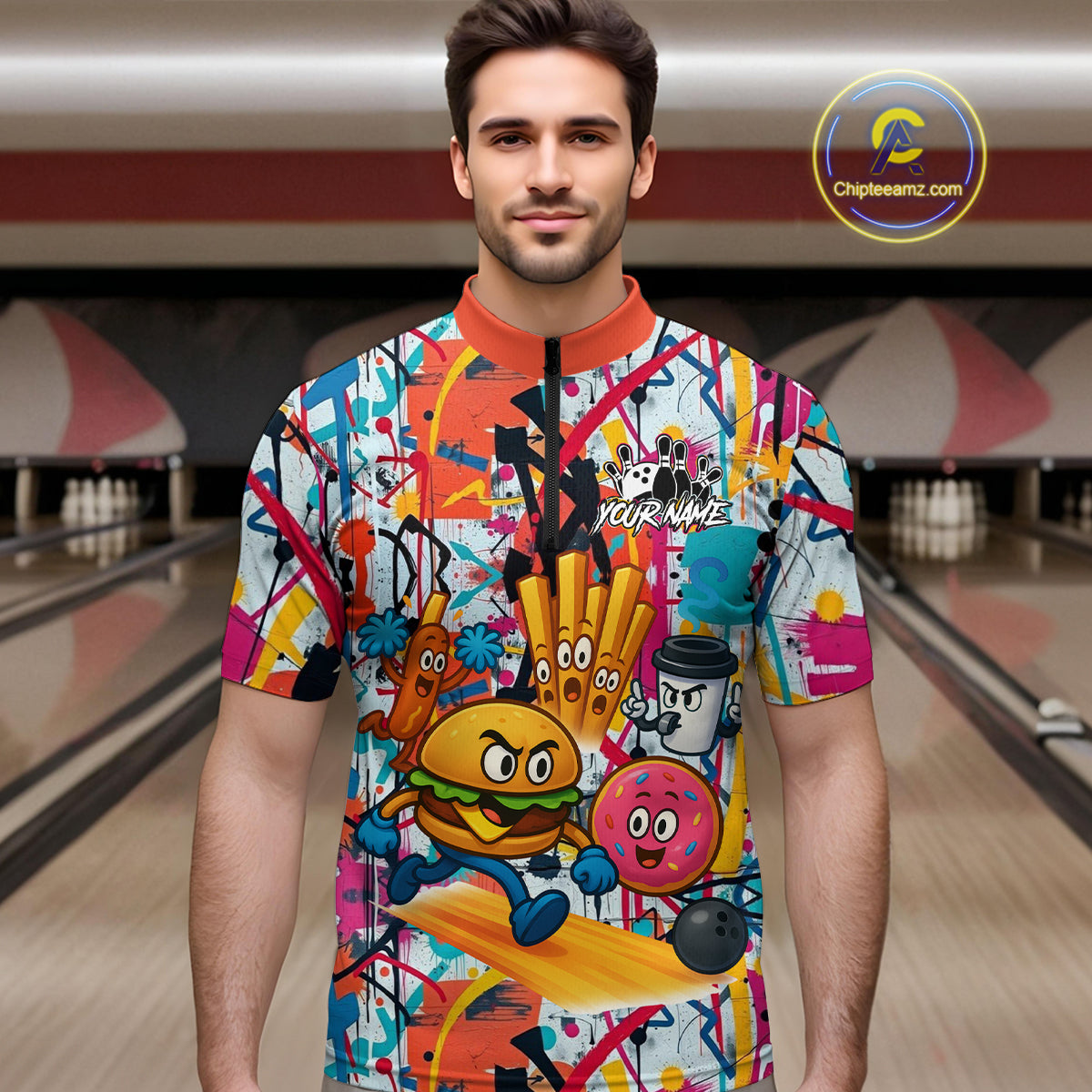 Custom Graffiti Funny Fast Food Bowling Shirt Bowling Team Jersey for Men Bowling Outfit QZT798