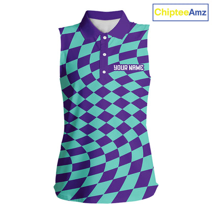 Plaid Womens Sleeveless Golf Polo Shirts Custom Purple & Blue Checkerboard Argyle Pattern Golf Shirt NHN0129