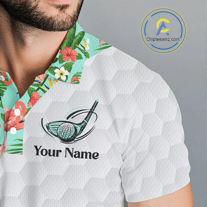 Custom Mens Golf Polo Shirt Green Tropical Pink Flamingo Pattern Personalized Team Golf Top NHN0023