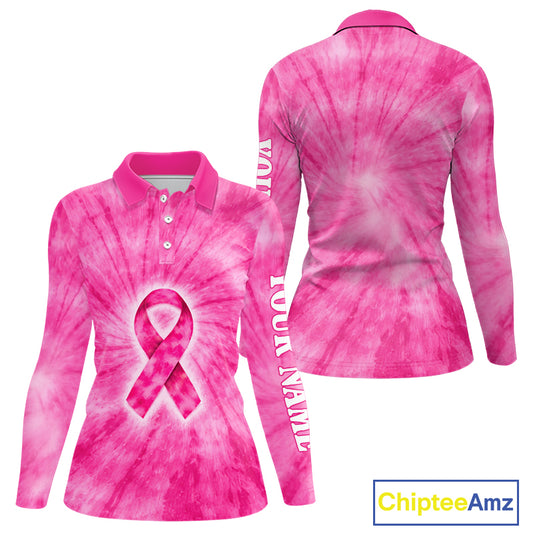 Pink Breast Cancer Golf Shirt Custom Womens Long Sleeve Golf Polo Shirt Cancer Awareness, Golf Gifts NHN0153