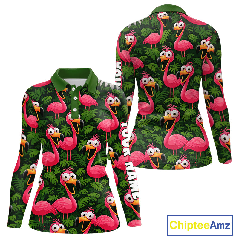 Tropical Flamingo Pattern Womens Long Sleeve Golf Polo Shirts Custom Funny Team Ladies Golf Tops NHN0162