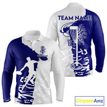 Load image into Gallery viewer, Mens Long Sleeve Disc Golf Polo Shirt Custom Name White And Blue Disc Golf Basket Disc Golf Shirts NHN0033
