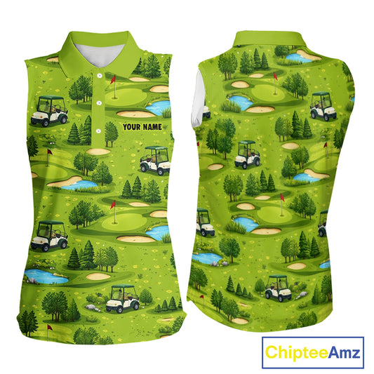 Womens Sleeveless Golf Polo Shirt Custom Gofl Ball Green Golf Course Pattern Team Golf Tops NHN0163