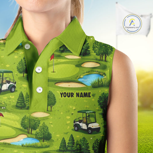 Womens Sleeveless Golf Polo Shirt Custom Gofl Ball Green Golf Course Pattern Team Golf Tops NHN0163