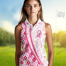 Load image into Gallery viewer, Pink Plaid Womens Sleeveless Golf Polo Shirt Custom Pink Ribbon Breast Cancer Awareness Team Golf Tops NHN0164