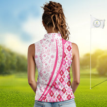 Load image into Gallery viewer, Pink Plaid Womens Sleeveless Golf Polo Shirt Custom Pink Ribbon Breast Cancer Awareness Team Golf Tops NHN0164
