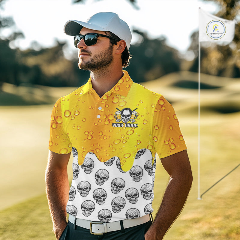 Beer Skull Mens Golf Polo Shirt Custom Name Funny Team Golf Tops For Men, Golfer Gifts NHN0166