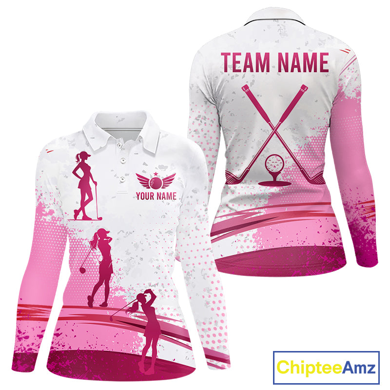 Womens Golf Polo Shirts Pink White Custom Name Long Sleeve Golf Shirts For Women Golf Ball Gifts NHN0037