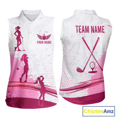 Pink White Womens Golf Polo Shirts Custom Name Golf Shirts For Women Sleeveless Personalized Golf Ball Gifts NHN0037