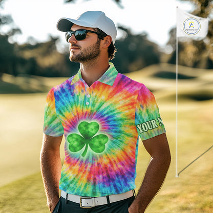 Colorful Tie Dye Mens Golf Polo Shirt Custom Green Clover St Patrick Day Golf Tops, Golf Gifts NHN0170