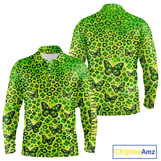 Long Sleeve Golf Polo Shirt Colorful Green Leopard Print Pattern Custom Butterfly Team Mens Golf Tops NHN0171