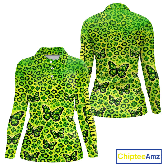 Womens Long Sleeve Golf Polo Shirt Colorful Green Leopard Print Custom Butterfly Team Ladies Golf Tops NHN0171