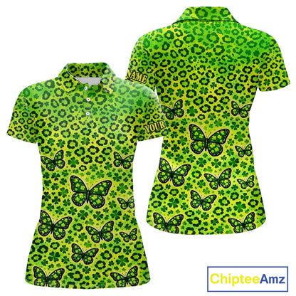 Womens Golf Polo Shirt Colorful Green Leopard Print Pattern Custom Butterfly Team Ladies Golf Tops NHN0171
