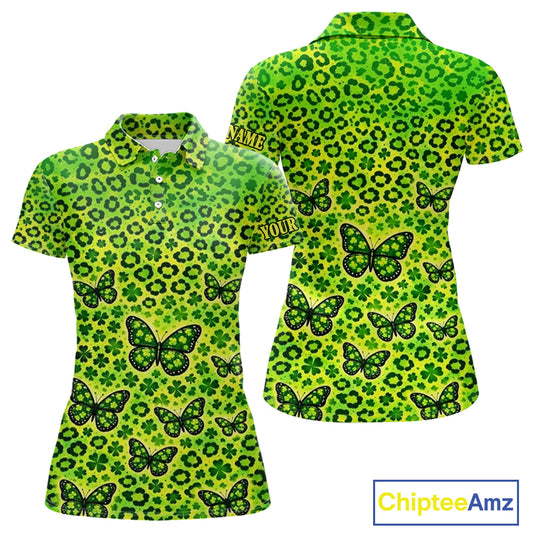 Womens Golf Polo Shirt Colorful Green Leopard Print Pattern Custom Butterfly Team Ladies Golf Tops NHN0171
