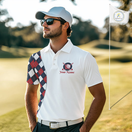 Matching Golf Polo Shirts for Couples Custom Red & Blue Argyle Pattern Golf Ball Cactus Golf Shirts NHN0040