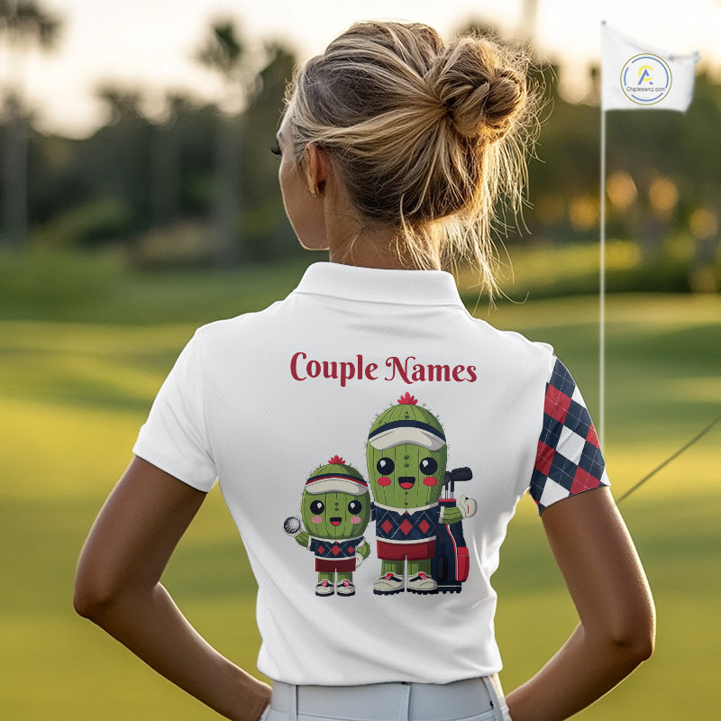 Matching Golf Polo Shirts For Couples Custom Red and Blue Argyle Pattern Golf Ball Cactus Golf Shirts NHN0040