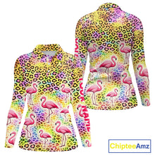 Load image into Gallery viewer, Flamingo Womens Long Sleeve Golf Polo Shirt Colorful Rainbow Leopard Print Pattern Custom Team Golf Top NHN0181