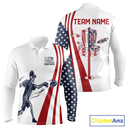 Funny Skull Mens Long Sleeve Disc Golf Polo Shirt Custom American Flag Disc Golf Basket Golf Shirts NHN0051