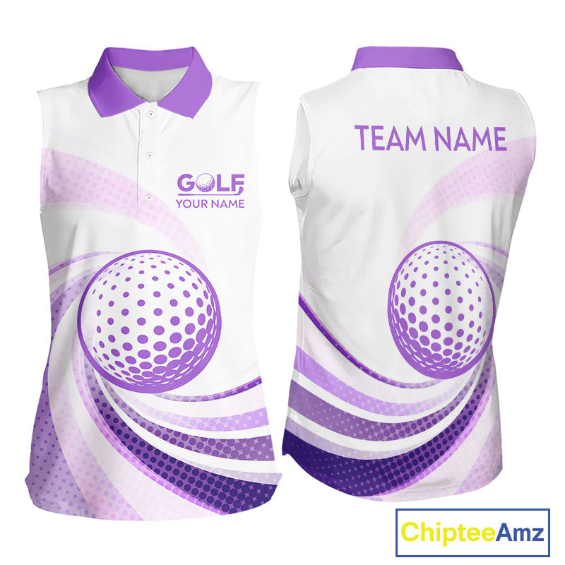 Purple And White Womens Sleeveless Golf Polo Shirt Custom Name Golf Shirt For Ladies Personalized NHN0053