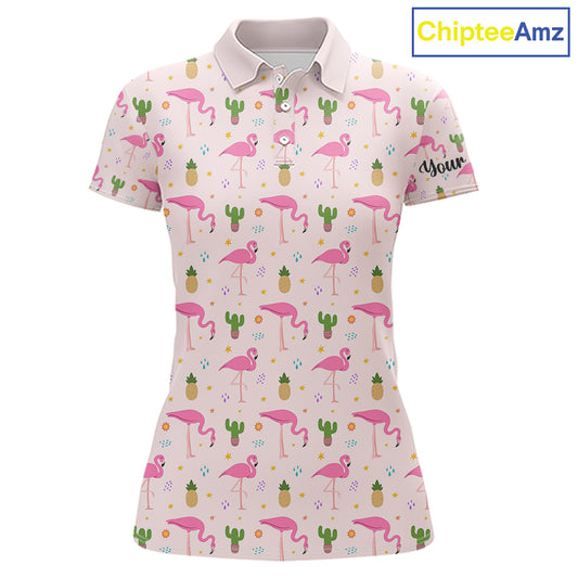 Pink Flamingo Pattern Womens Golf Polo Shirts Custom Funny Desert Cactus Team Ladies Golf Tops, Golf Gift NHN0184