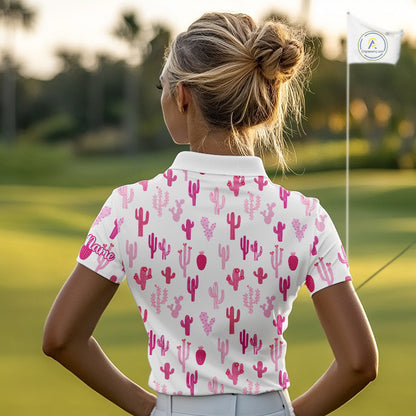 Funny Pink Cactus Pattern Womens Golf Polo Shirts Custom Cactus Ladies Golf Attire, Golfer Gift NHN0185